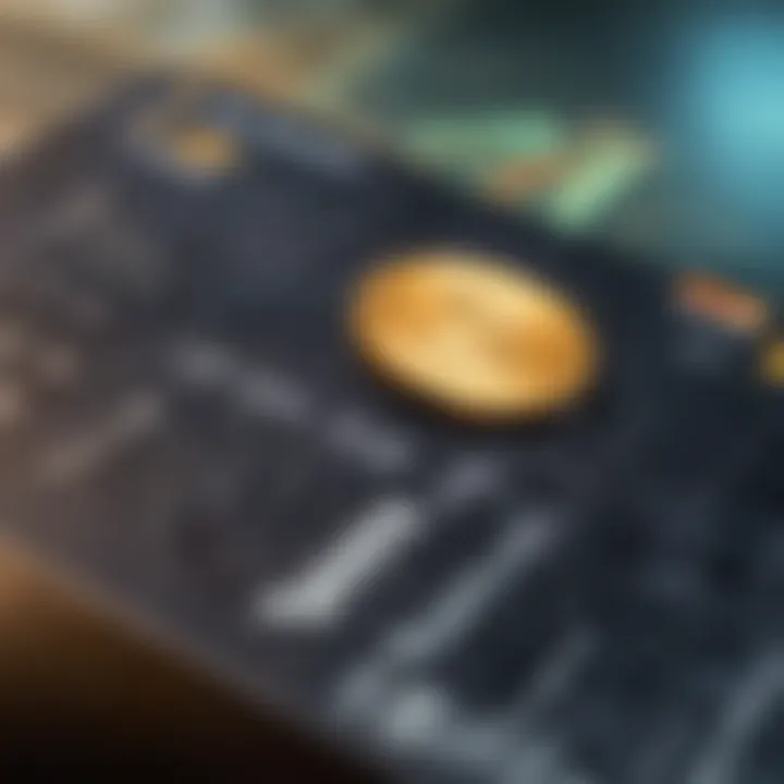 A close-up of a credit card with a digital currency symbol in the background.